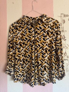 Anne Klein Mustard, Black & White Abstract Print Blouse